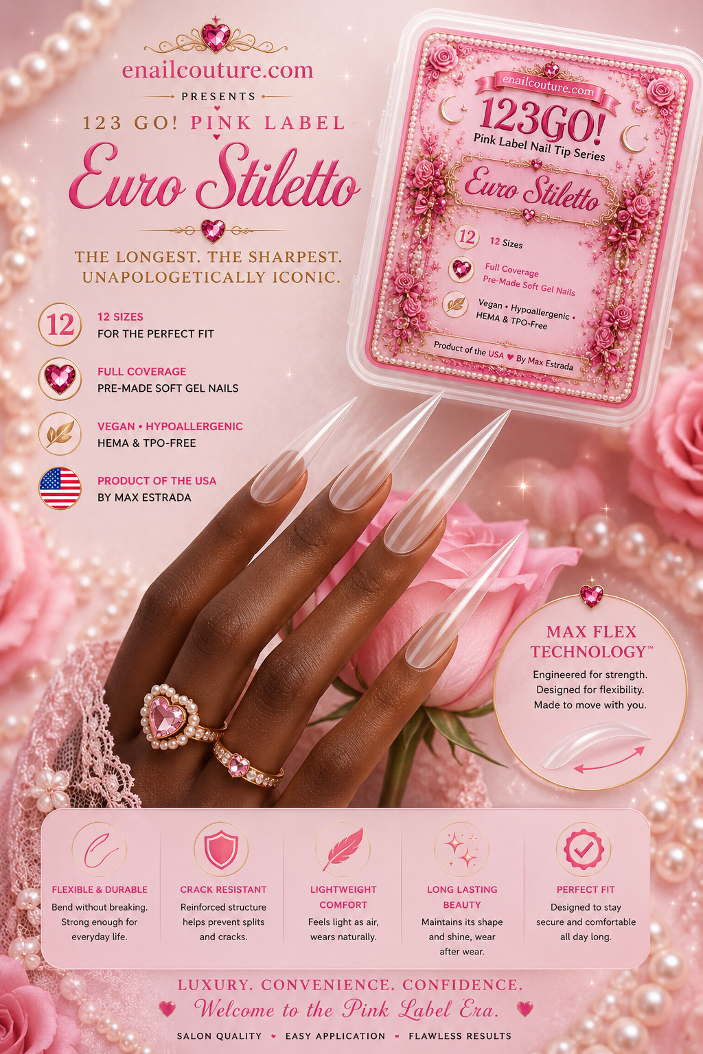 123GO! Pink Label Euro Stiletto Soft Gel Nail Tips | Max Flex Technology