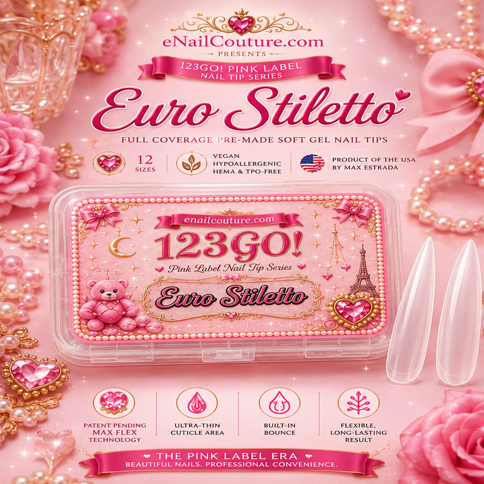 123GO! Pink Label Euro Stiletto Soft Gel Nail Tips | Max Flex Technology