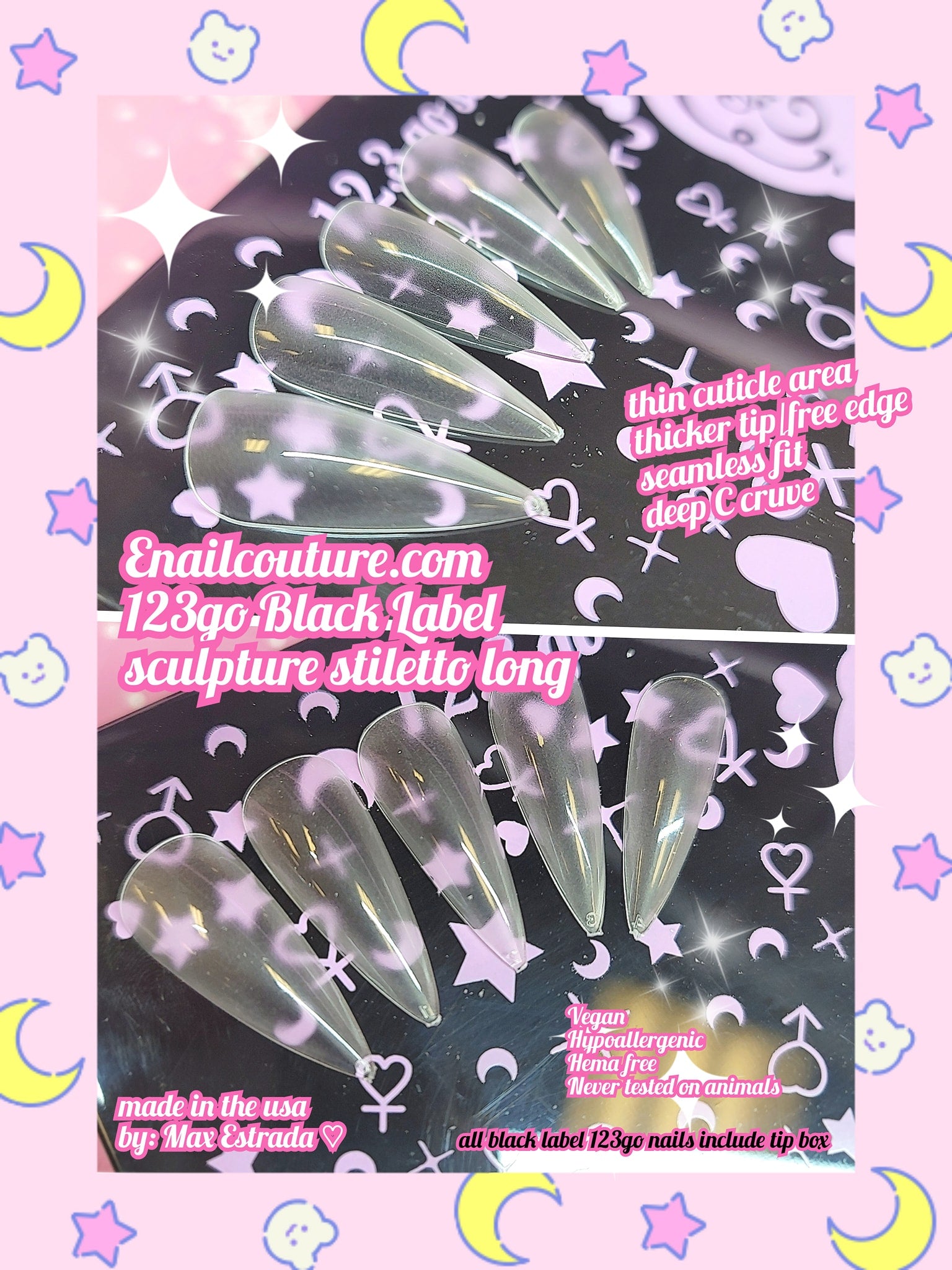 123go Black Label Nails Sculpture Stiletto L (Soft Gel Nail Tips- Clear Cover Full Nail Extensions - Pre-shaped Acrylic False Gelly Nail Tips 12 Sizes for DIY Salon Nail Extensions)