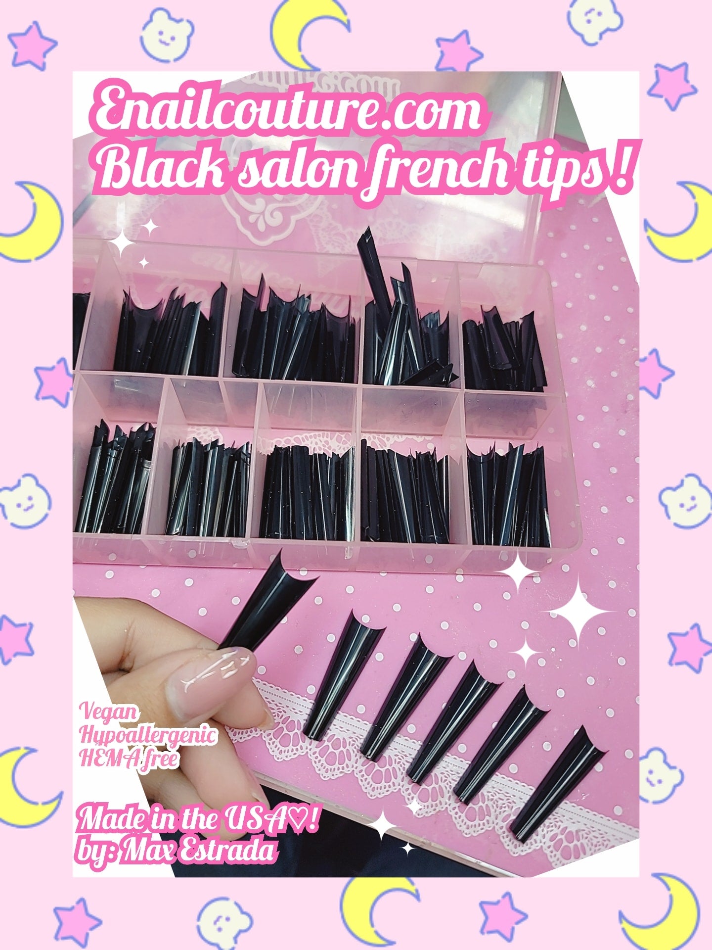 BLACK Salon French tips  (Acrylic Coffin Nail Tips French Nail Tip Fake Nails 12 Sizes Half Cover False Nail with Case for Nail Salons and DIY Nail Art )