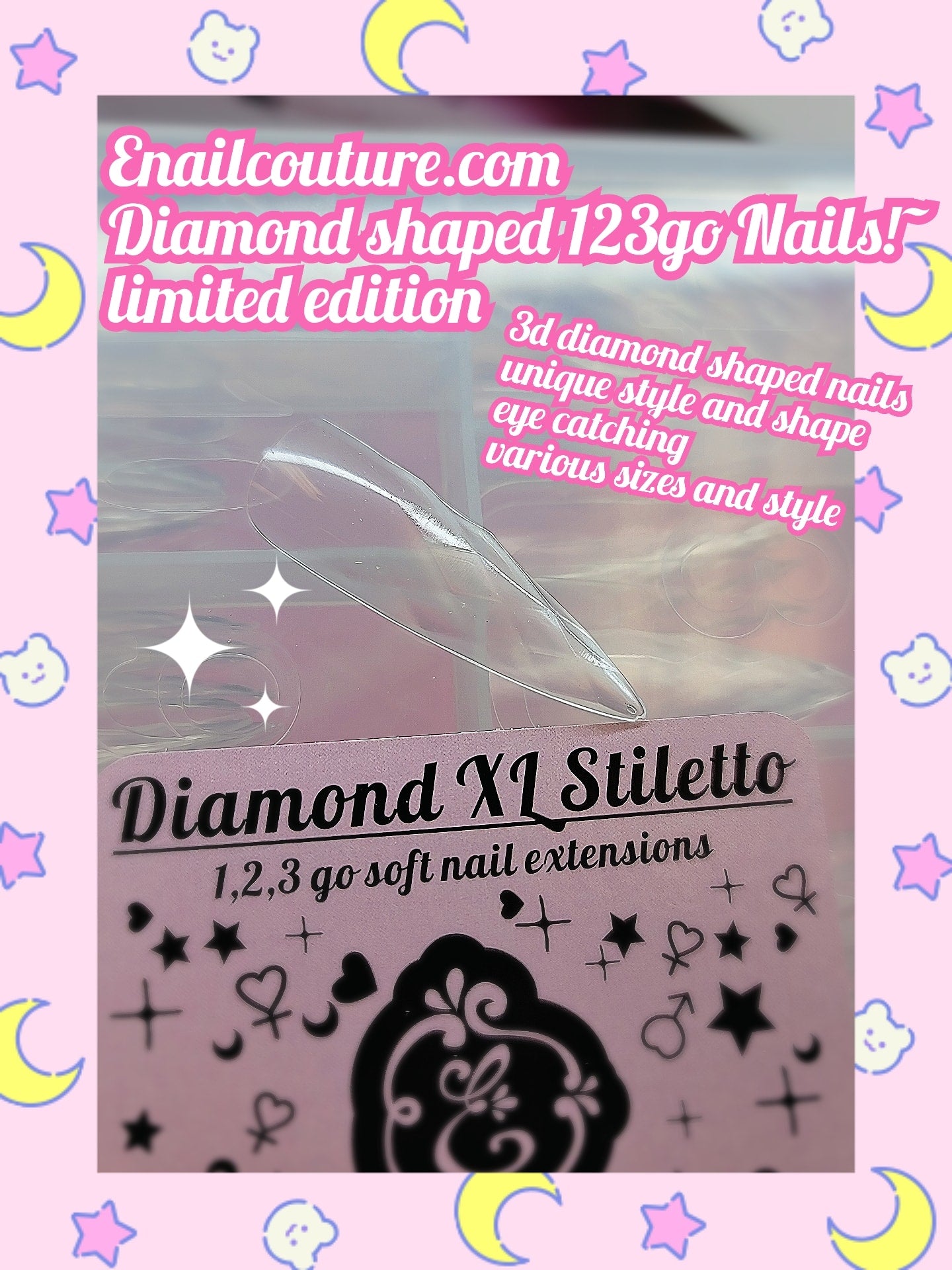 Diamond 123go nails (3D Diamond Shaped Nail, Extension Clear Full Cover False Nail Tips, Hybrid Gel Acrylic Nail, Diamond Fake Nails)