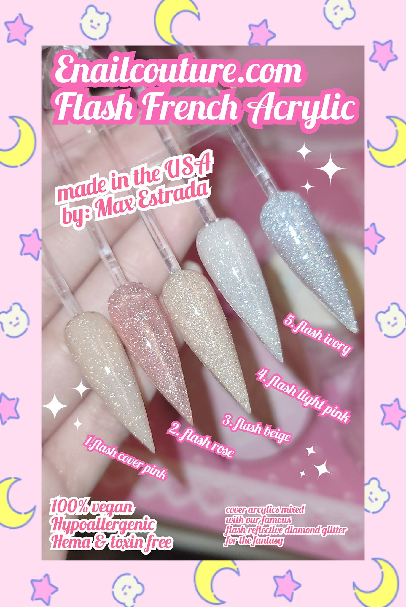 Flash French Acrylic (Glitter Acrylic Powder(2oz), Sparkly Nail Powder for Acrylic Nails, Professional Shiny Acrylic Nail Powder for Extension Carving French Manicure)