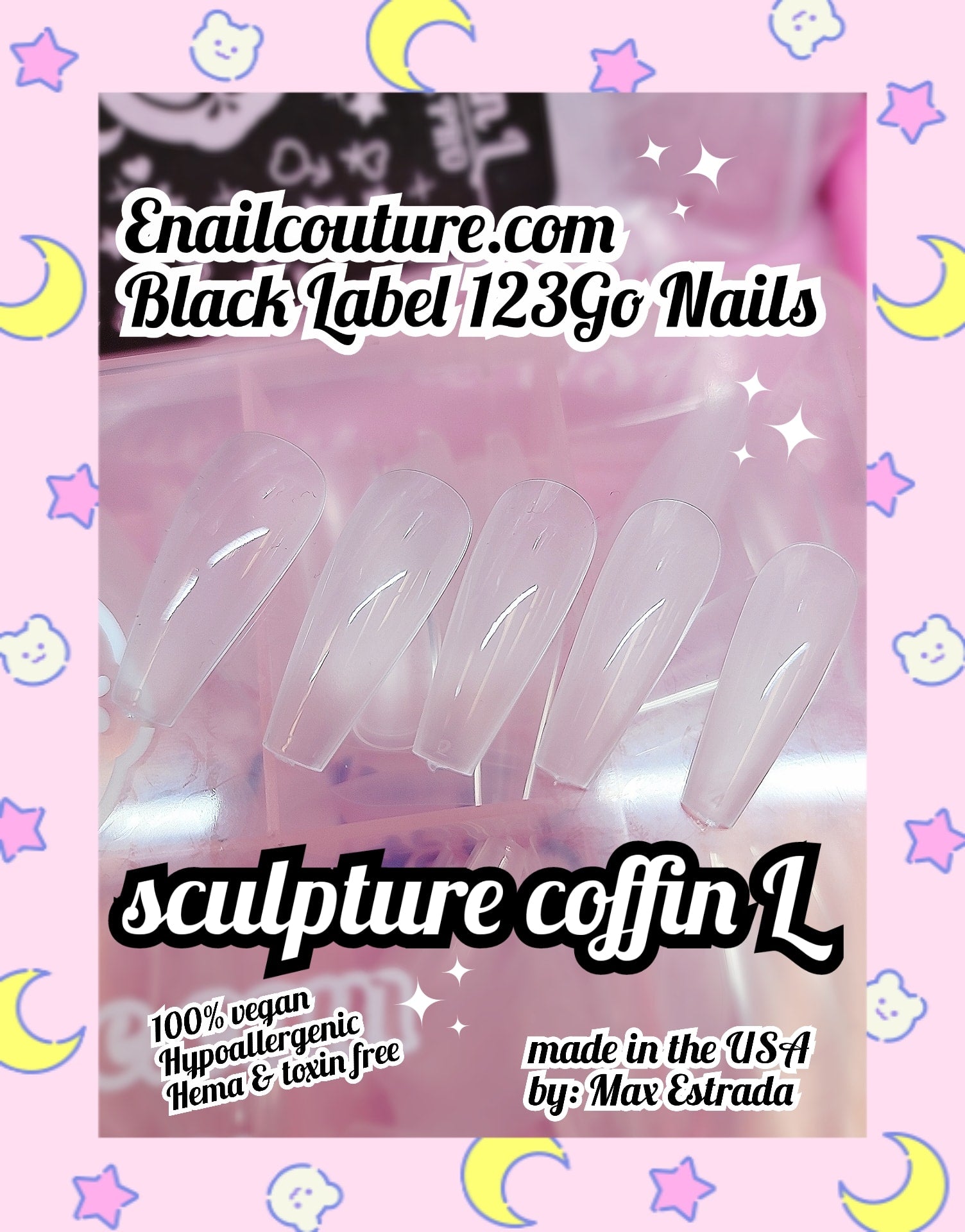 123go Black Label Nails Sculpture Coffin L (Soft Gel Nail Tips- Clear Cover Full Nail Extensions - Pre-shaped Acrylic False Gelly Nail Tips 12 Sizes for DIY Salon Nail Extensions)