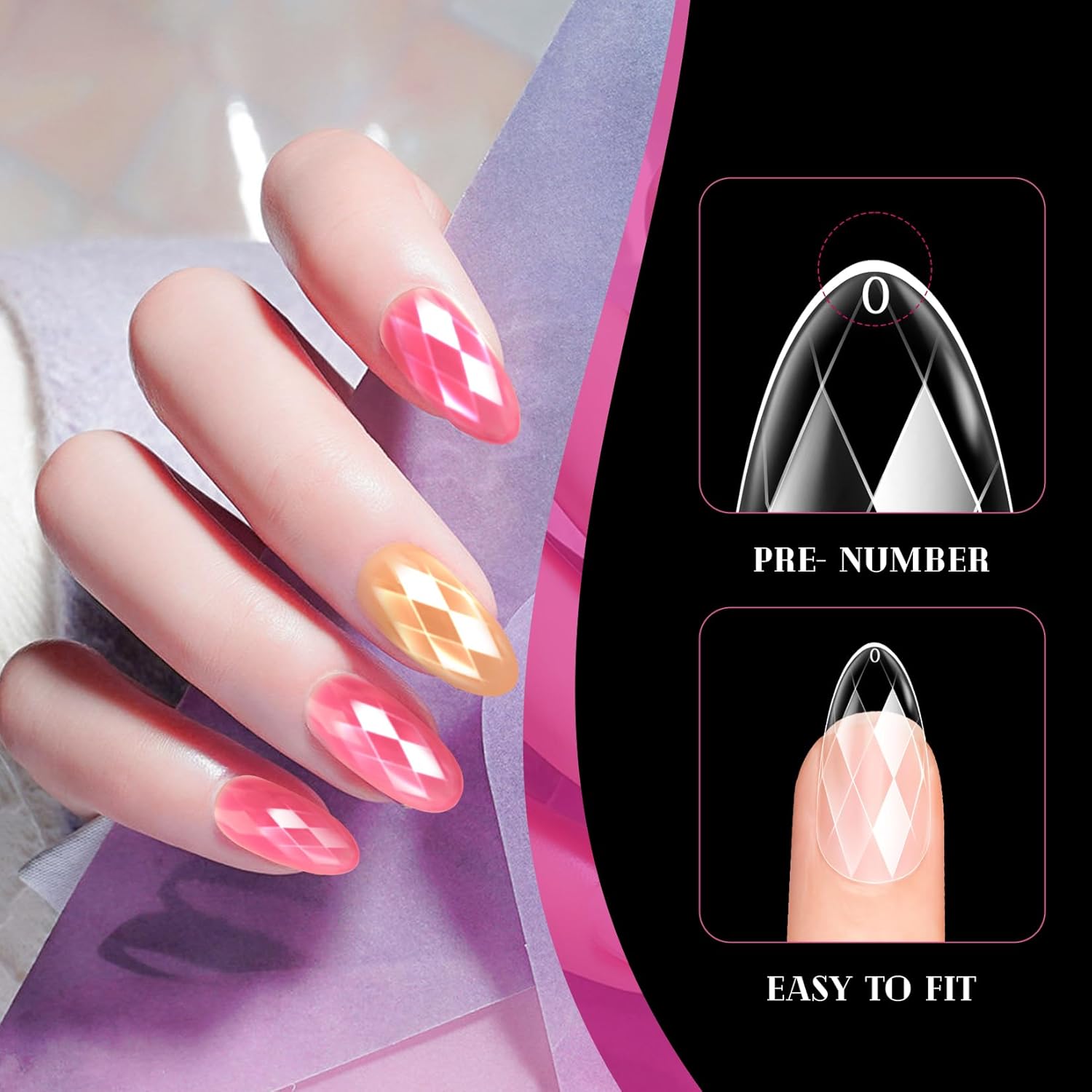 Diamond 123go nails (3D Diamond Shaped Nail, Extension Clear Full Cover False Nail Tips, Hybrid Gel Acrylic Nail, Diamond Fake Nails)