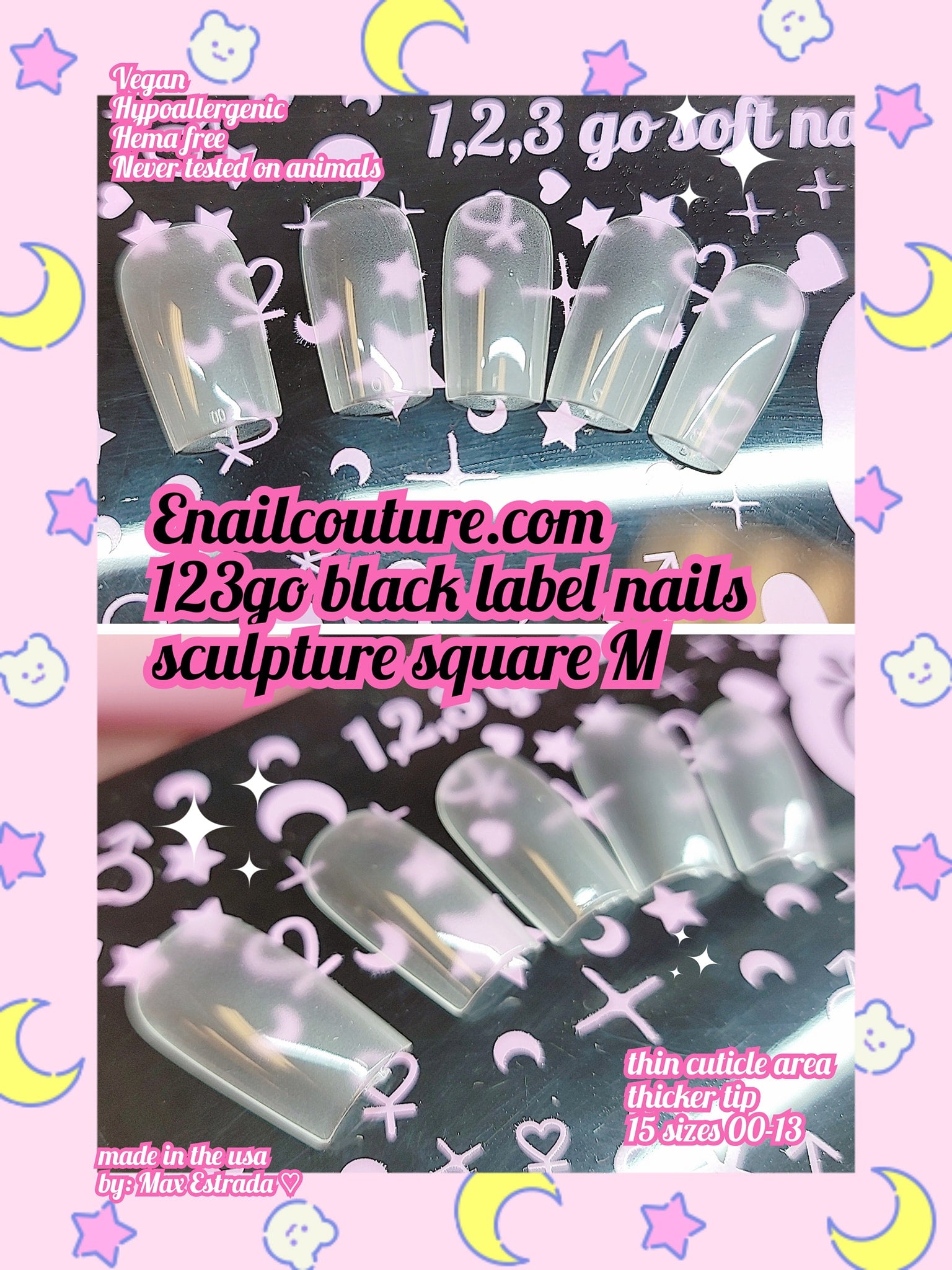 123go Black Label Nails Sculpture Square M (Soft Gel Nail Tips- Clear Cover Full Nail Extensions - Pre-shaped Acrylic False Gelly Nail Tips 15 Sizes for DIY Salon Nail Extensions)