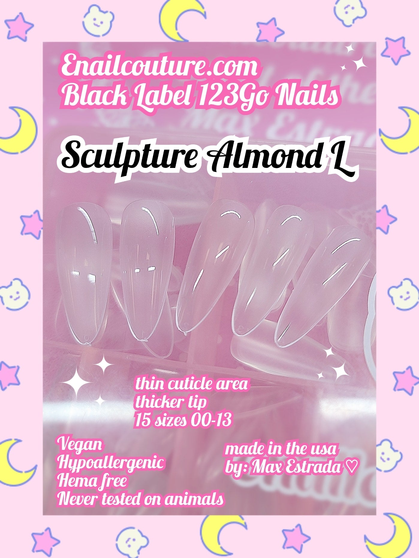 123go Black Label Nails Sculpture Almond L  (Soft Gel Nail Tips- Clear Cover Full Nail Extensions - Pre-shaped Acrylic False Gelly Nail Tips 15 Sizes for DIY Salon Nail Extensions)