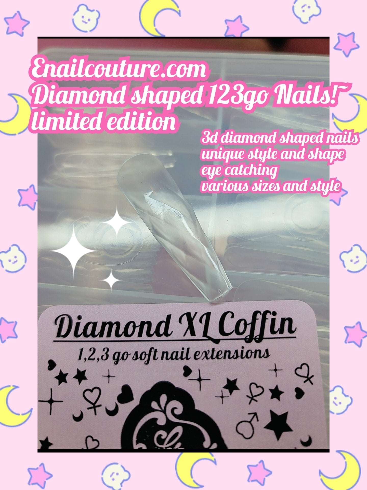 Diamond 123go nails (3D Diamond Shaped Nail, Extension Clear Full Cover False Nail Tips, Hybrid Gel Acrylic Nail, Diamond Fake Nails)