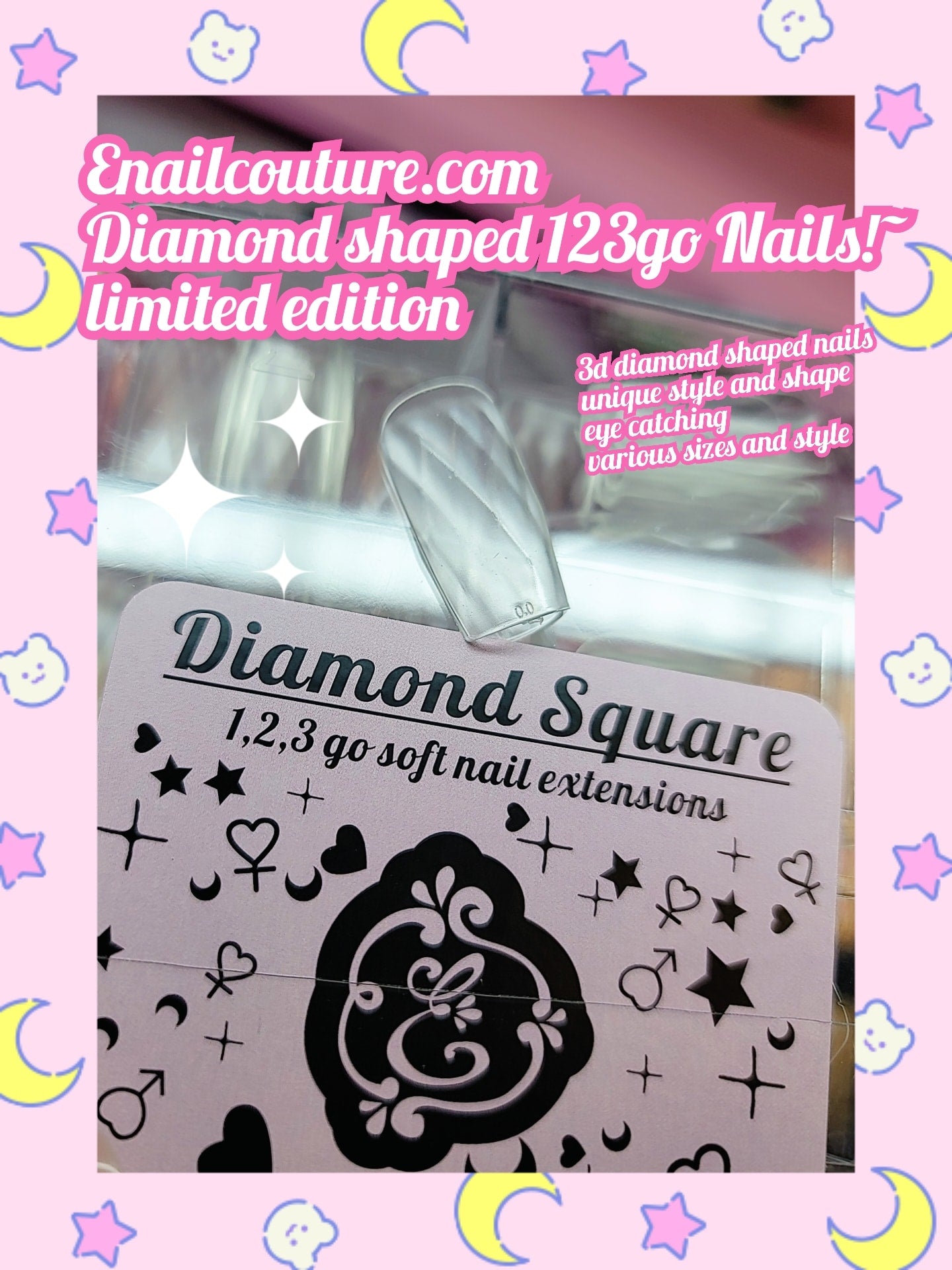 Diamond 123go nails (3D Diamond Shaped Nail, Extension Clear Full Cover False Nail Tips, Hybrid Gel Acrylic Nail, Diamond Fake Nails)