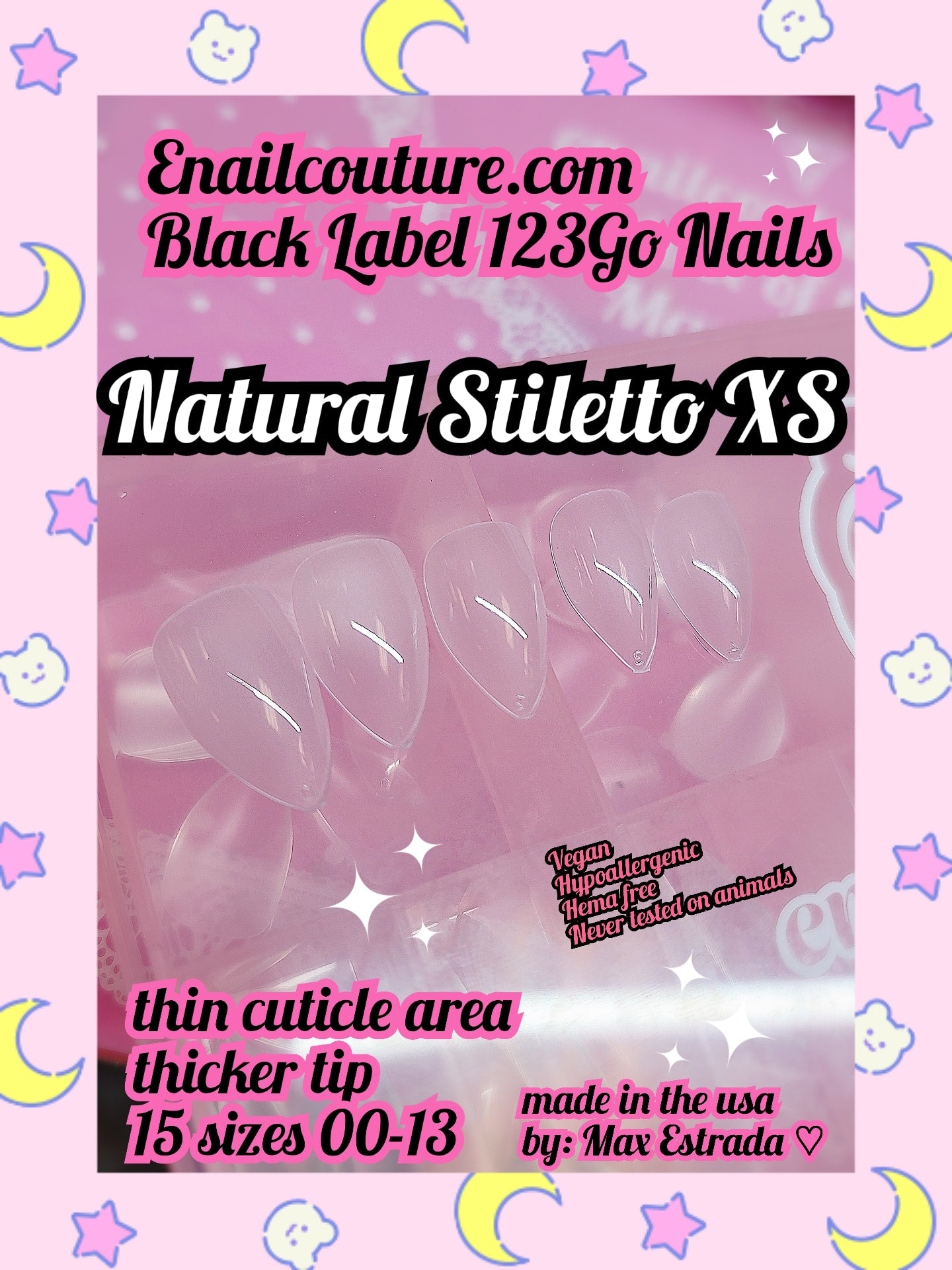 123go Black Label Nails natural stiletto XS (Soft Gel Nail Tips- Clear Cover Full Nail Extensions - Pre-shaped Acrylic False Gelly Nail Tips 15 Sizes for DIY Salon Nail Extensions)