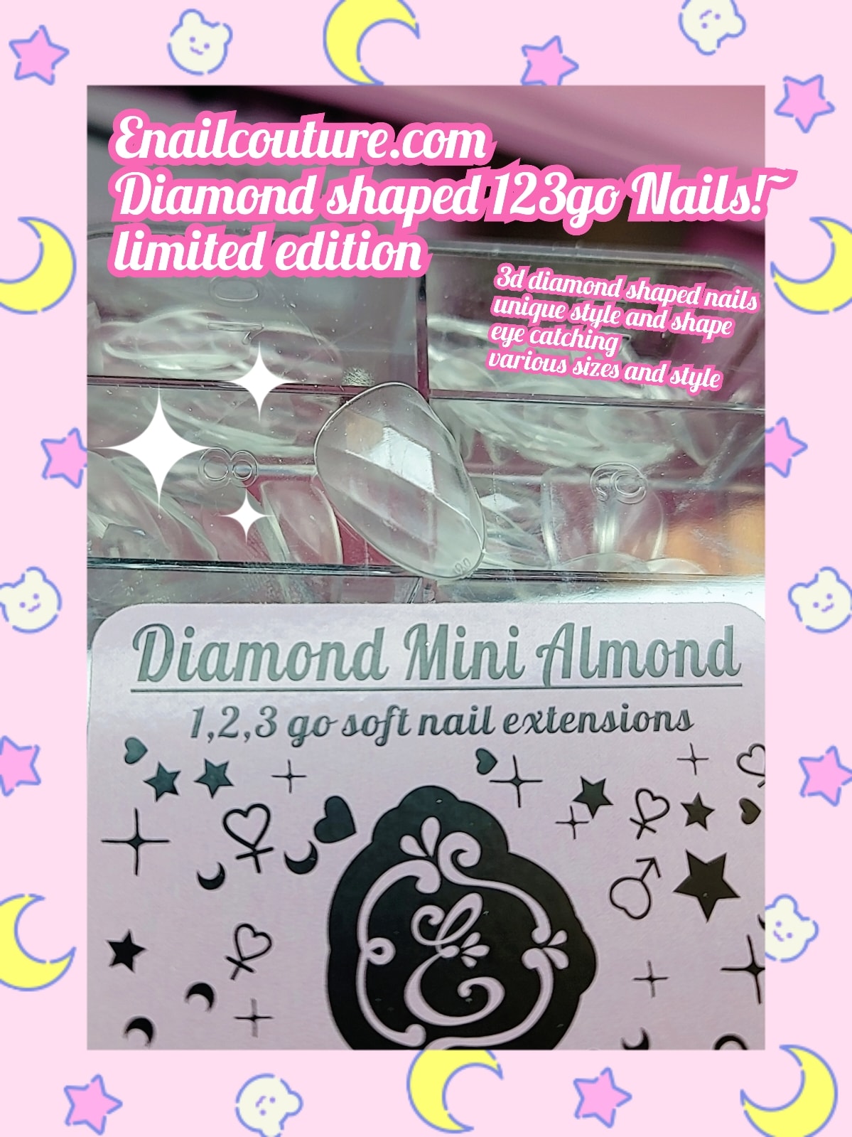 Diamond 123go nails (3D Diamond Shaped Nail, Extension Clear Full Cover False Nail Tips, Hybrid Gel Acrylic Nail, Diamond Fake Nails)