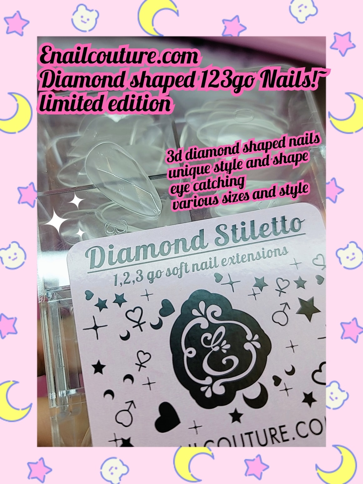 Diamond 123go nails (3D Diamond Shaped Nail, Extension Clear Full Cover False Nail Tips, Hybrid Gel Acrylic Nail, Diamond Fake Nails)