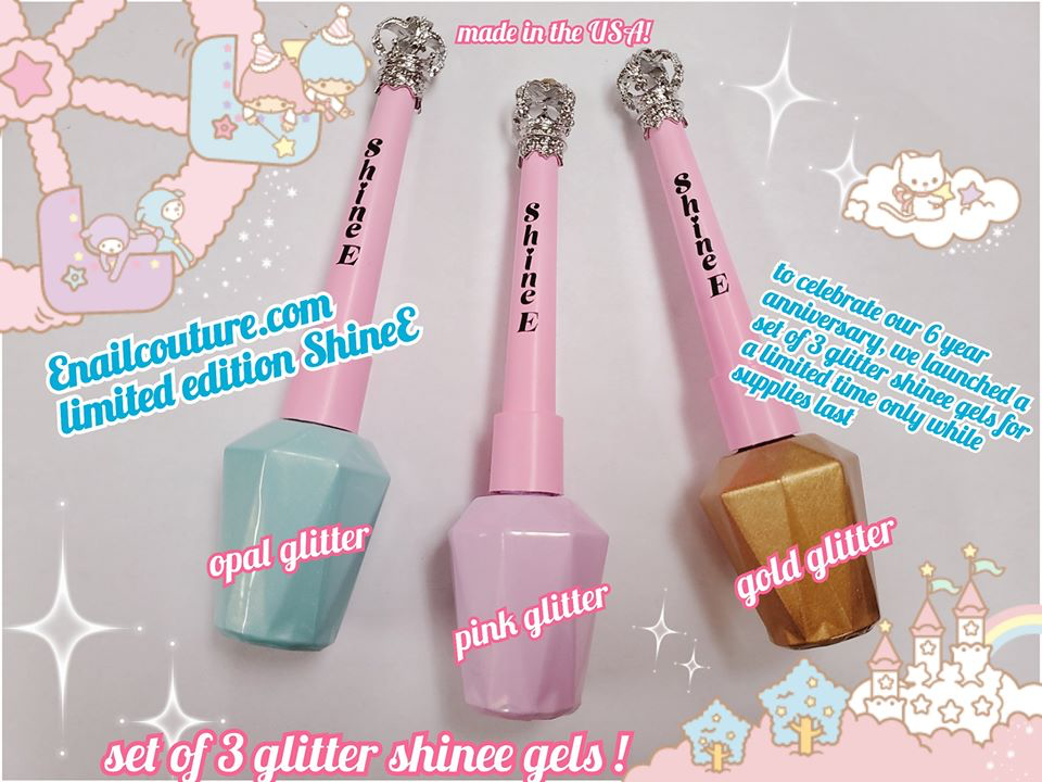 limited edition ShineE gel top coat, set of 3 glitter shinee gels (shiny gel top coat/sealer)