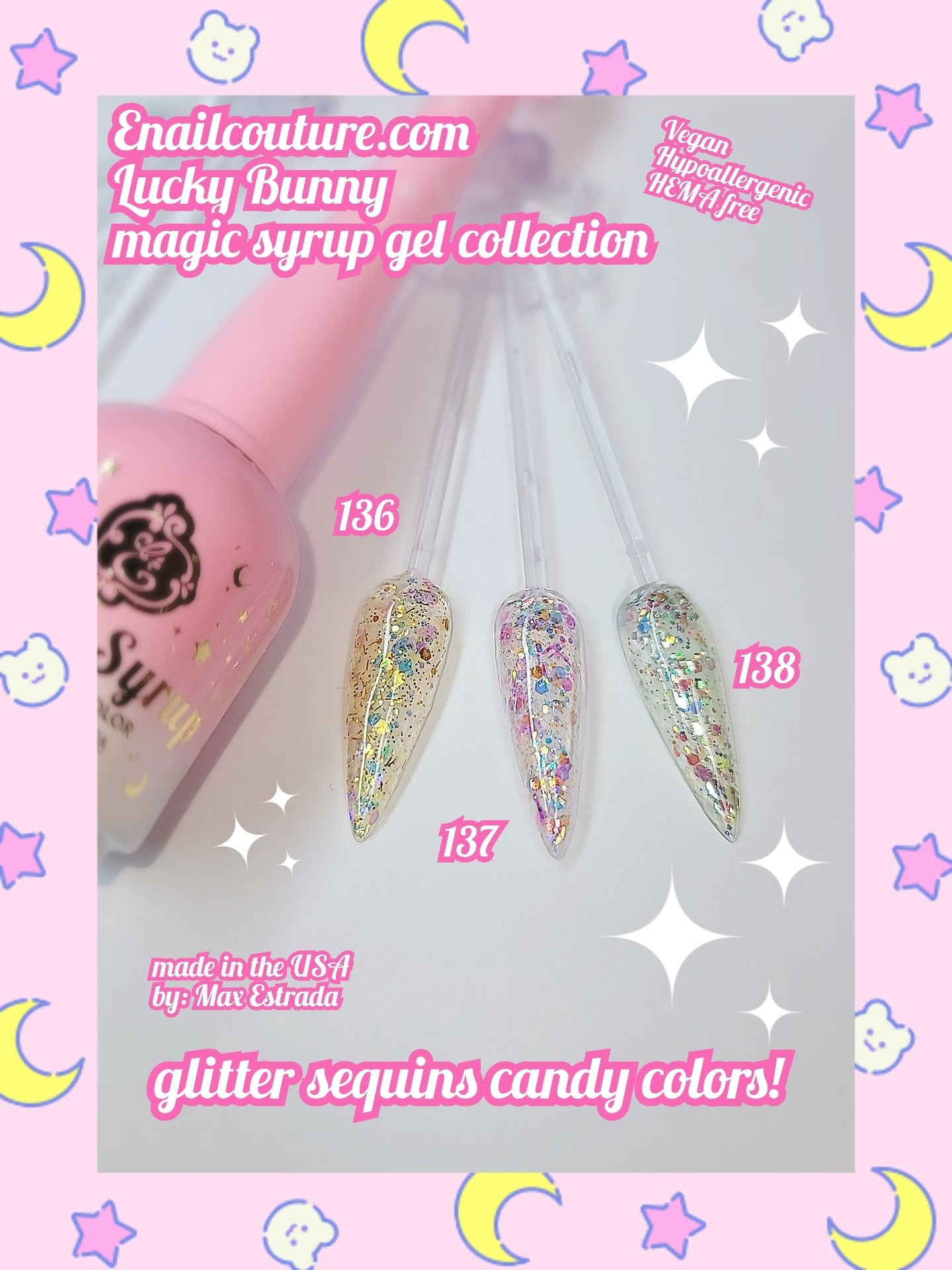 Lucky Bunny, magic syrup (Glitter Gel Nail Polish Set- 6pcs Colors pastel Rainbow Crystal Glitter Gel Polish See Through Nail Trend 2023 Soak Off Nail Polish Gel Manicure Kit Nail Art Design)
