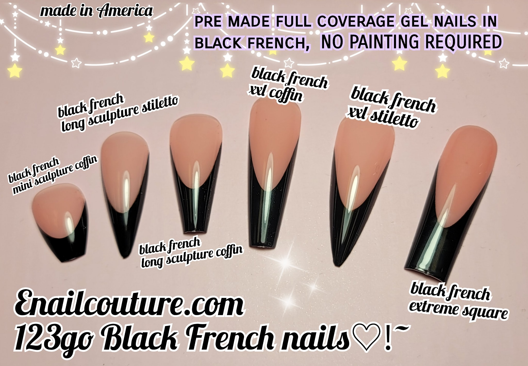 Black French 123 Go! Nails (pre made full coverage gel nail tips
