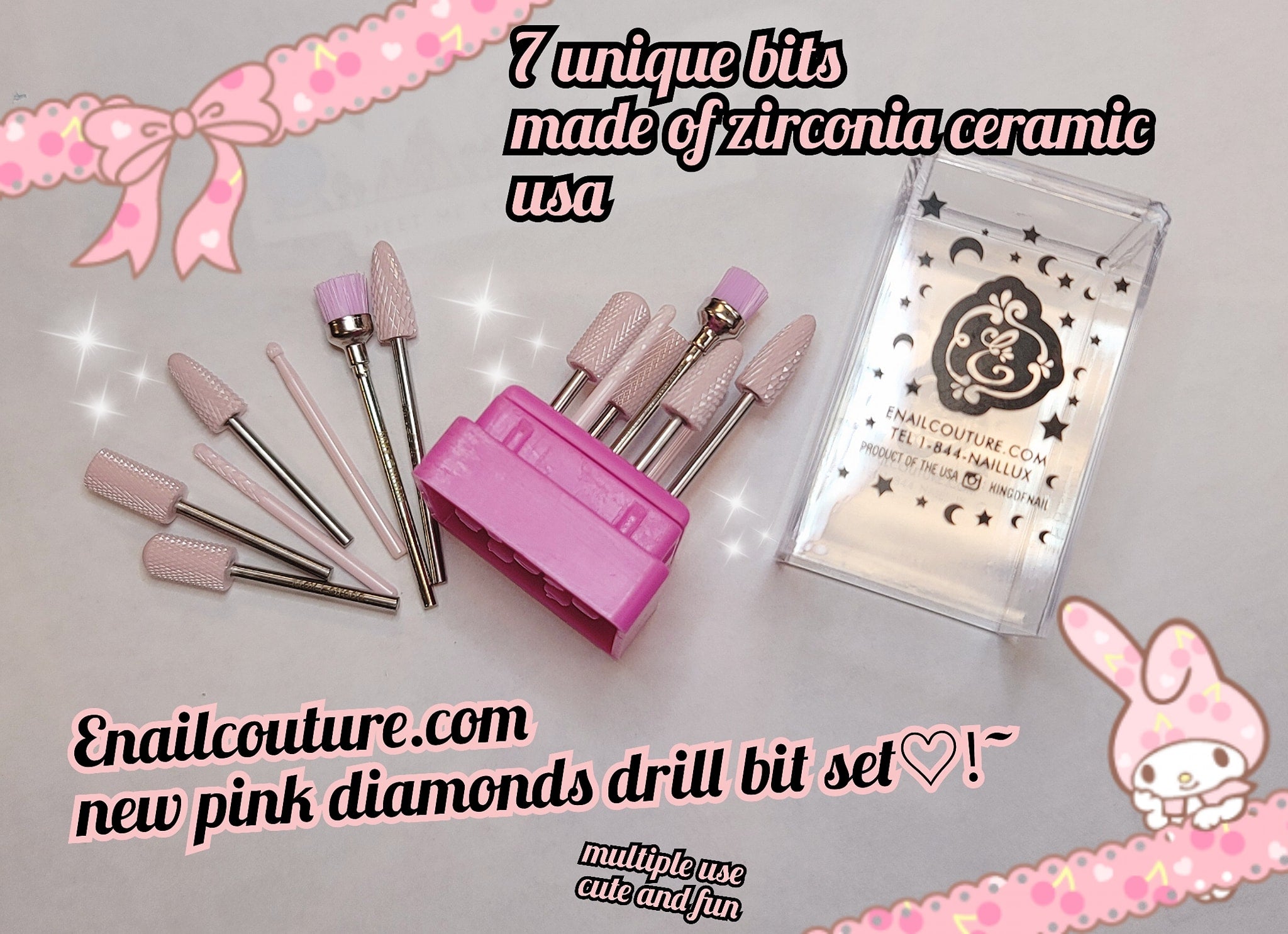 NEW Pink Diamond Nail Drill Bit Set ! ( 7pcs Nail Drill Bits for Acryl