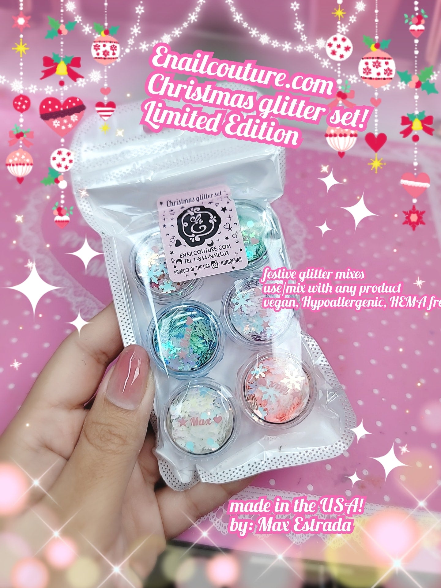 Christmas  Glitter Set (Set of 6 Holographic Nail Glitter holiday Powder Flakes Shiny Charms Hexagon Nail Art Pigment Dust Decoration Manicure)