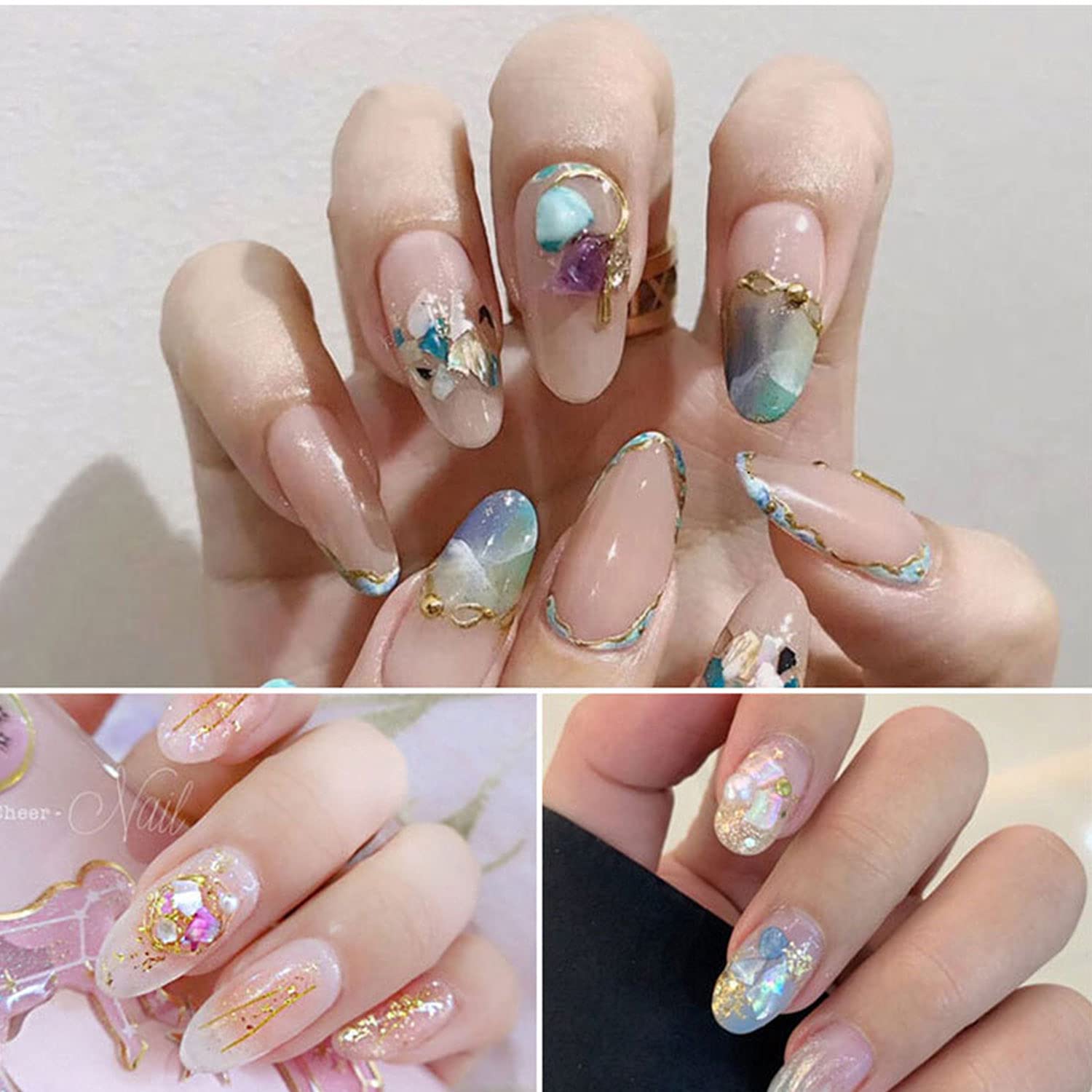 Real Abalone Shell Set (Irregular Nail Art Shell Abalone Slices- 9 Natural Shell Flakes 3D Nail Art Seashell Broken Stones Piece UV Gel Flake Sequins Decorations)