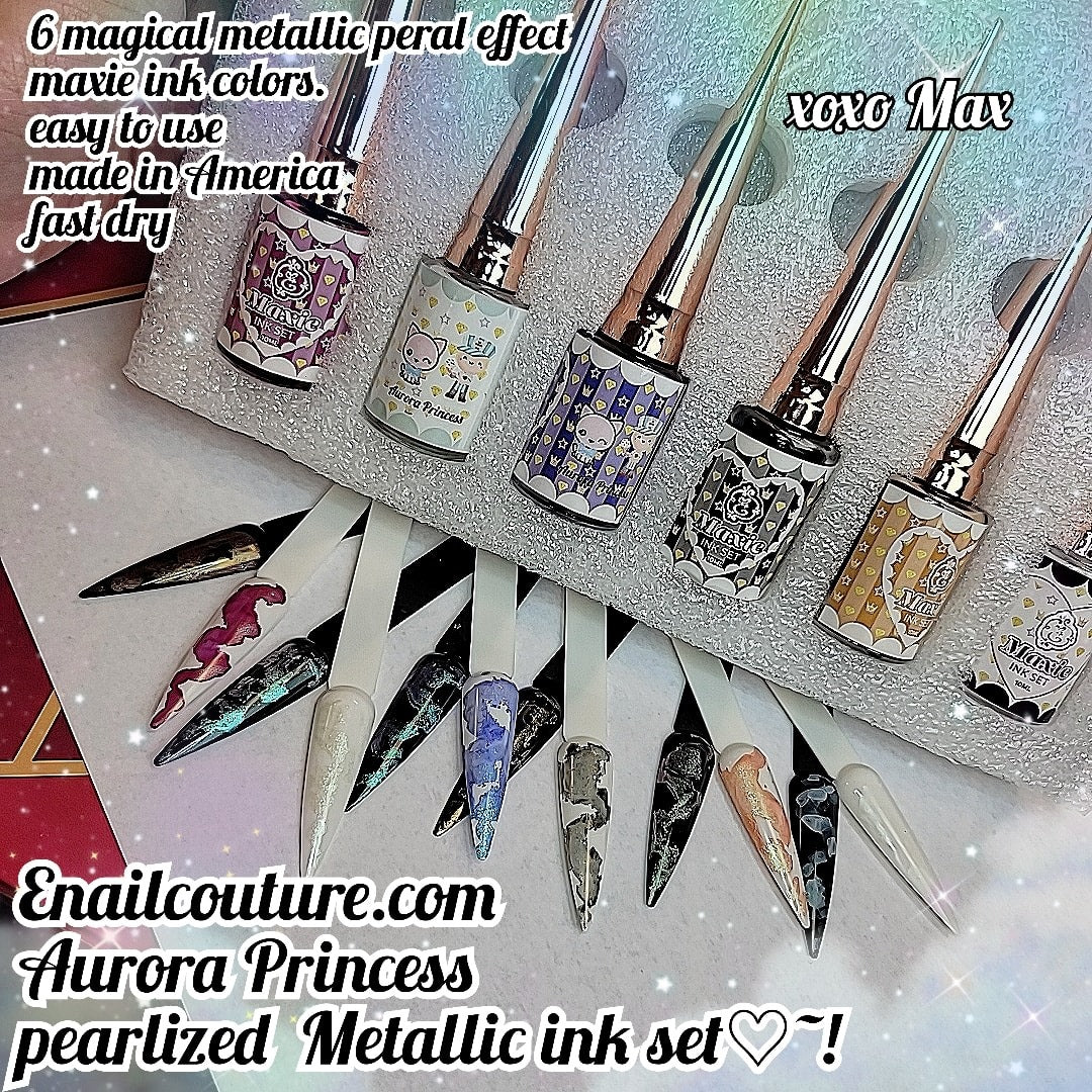 Aurora Princess Maxie INK Set, metallic pearl (Blooming Nail Polish, Alcohol Ink Watercolor Pink Blossom Gel Nail Polish Magic Manicuring Kit Work with Transparent  Marble Nail Vanish Nail Art Design, 6 Colors Set)