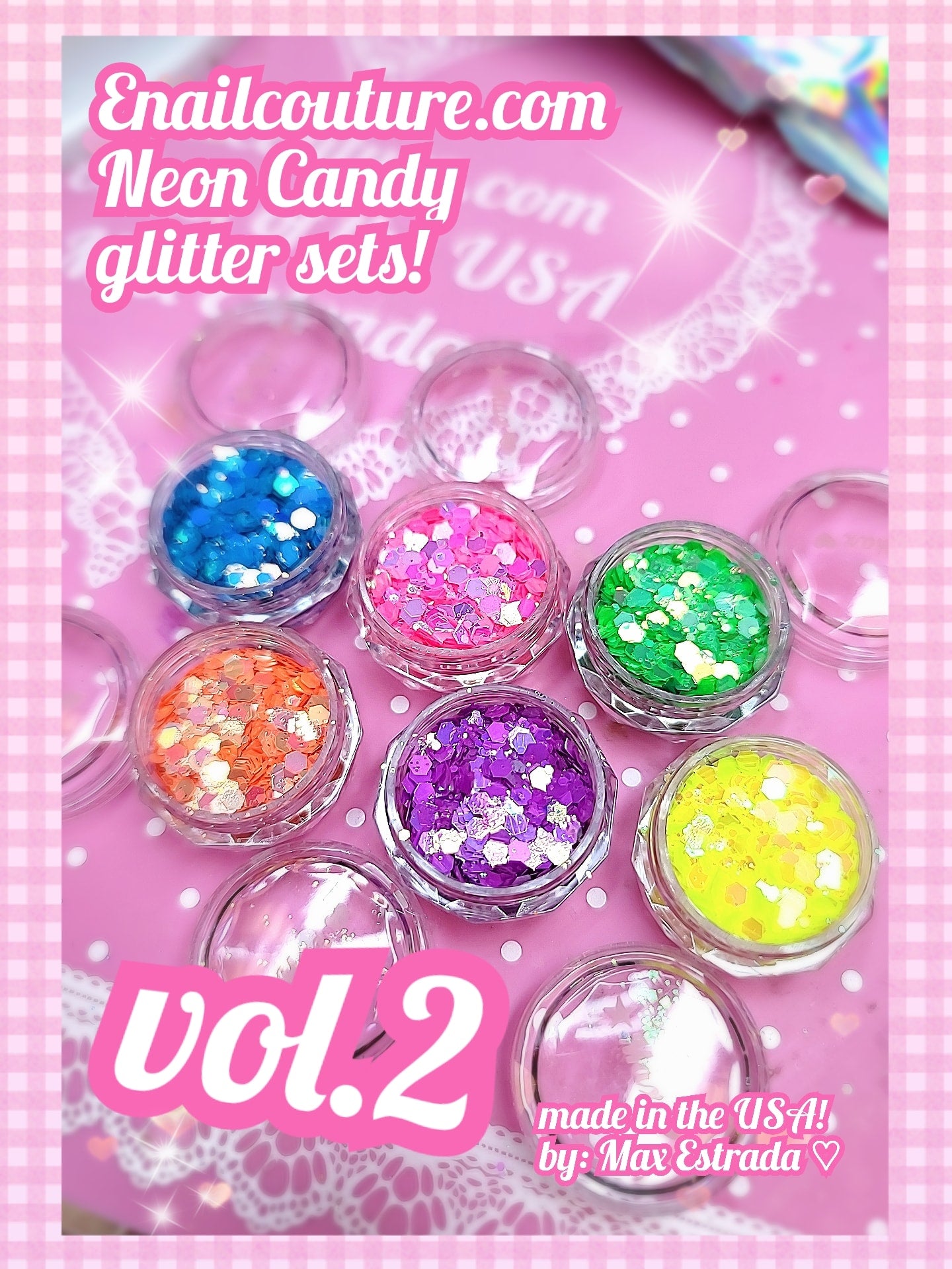 Neon Candy vol.2  Glitter Set (Set of 6 Holographic Nail Glitter Mermaid Powder Flakes Shiny Charms Hexagon Nail Art Pigment Dust Decoration Manicure)
