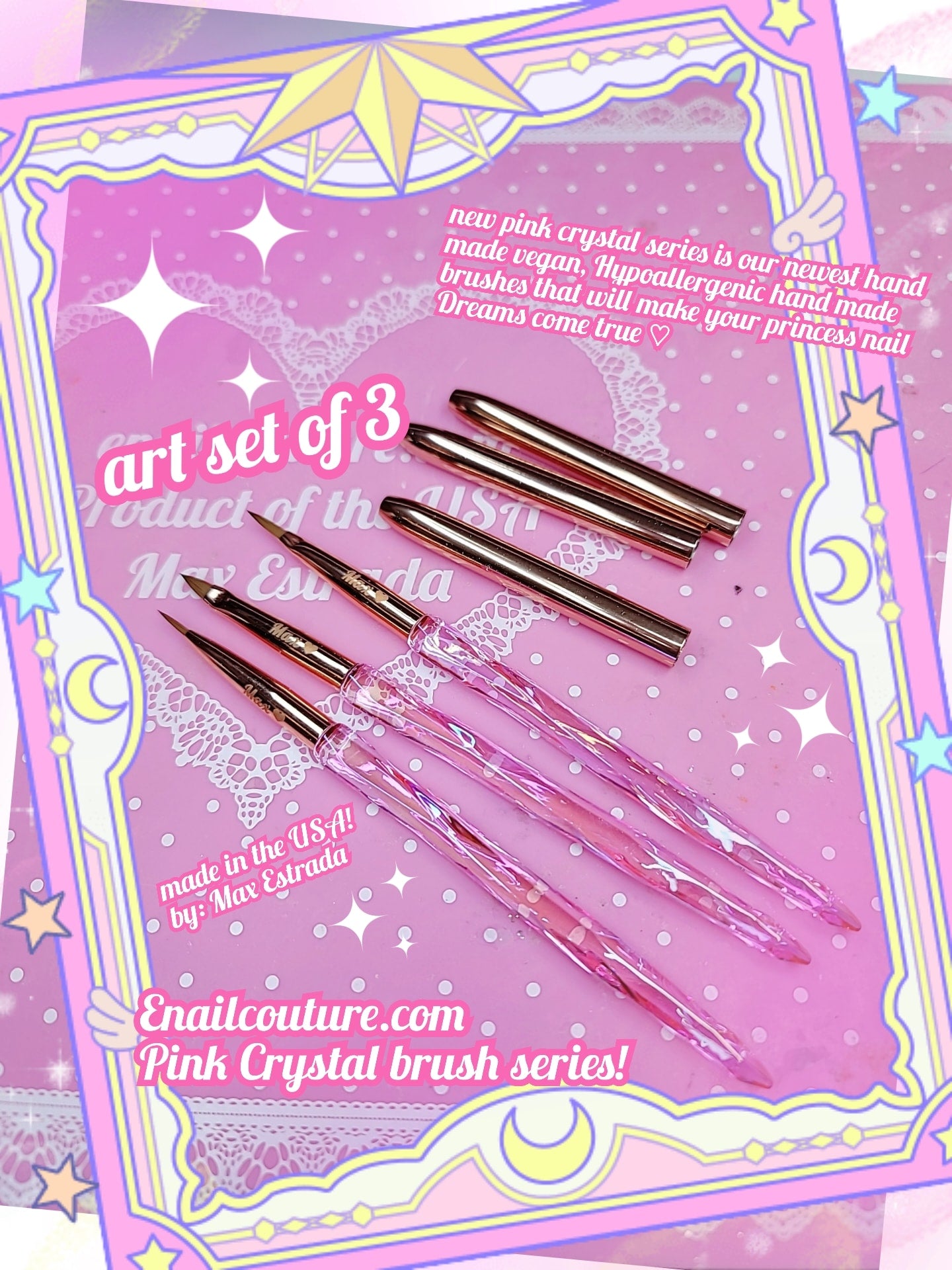 Pink Crystal art brush set (3 Pieces vegan Kolinsky Acrylic Nail Brush 3D Nail Art Brush Non-slip Handle)