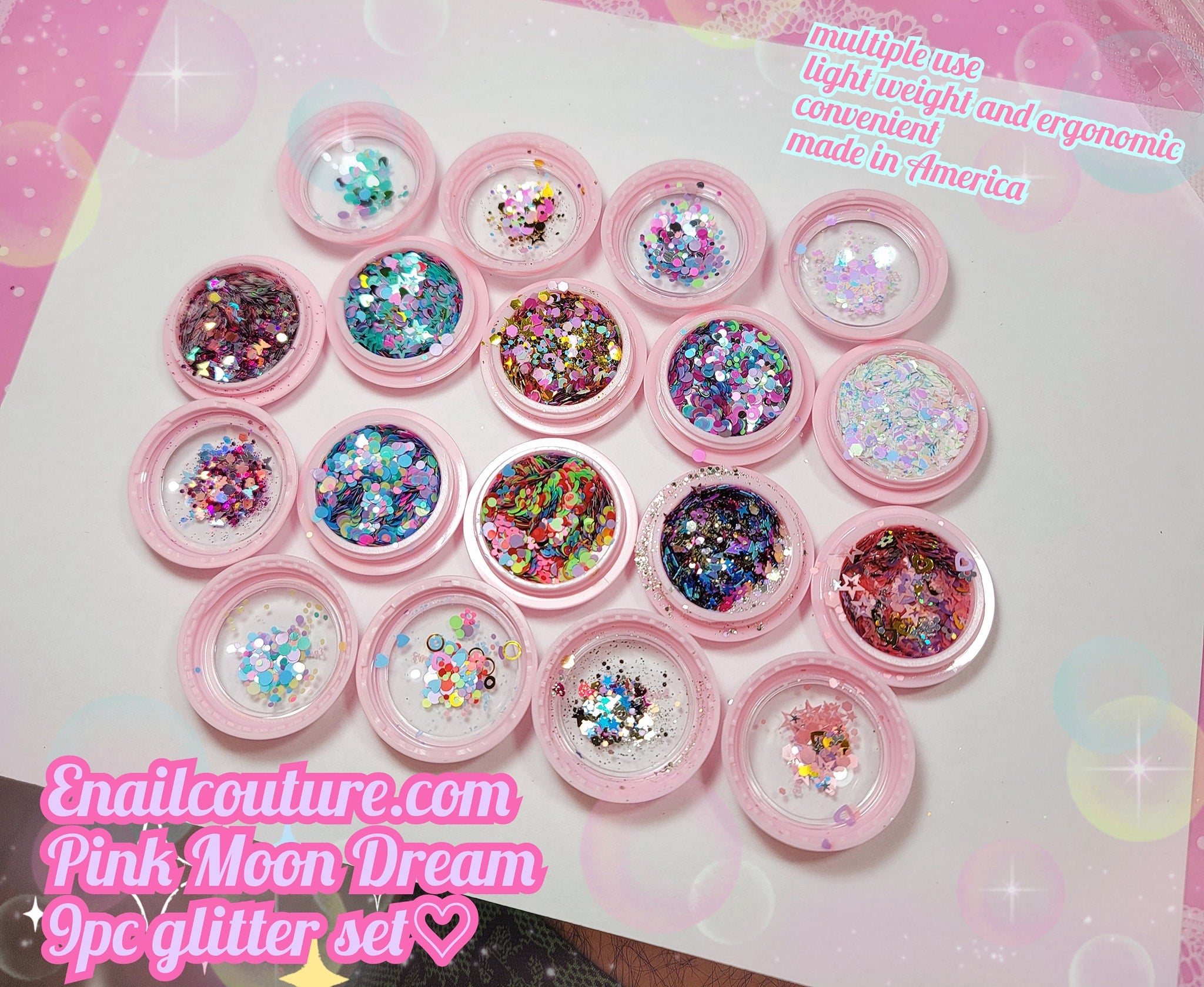 Pink Moon Dream glitter Set (Set of 9 Holographic Nail Glitter Mermaid Powder Flakes Shiny Charms Hexagon Nail Art Pigment Dust Decoration Manicure)