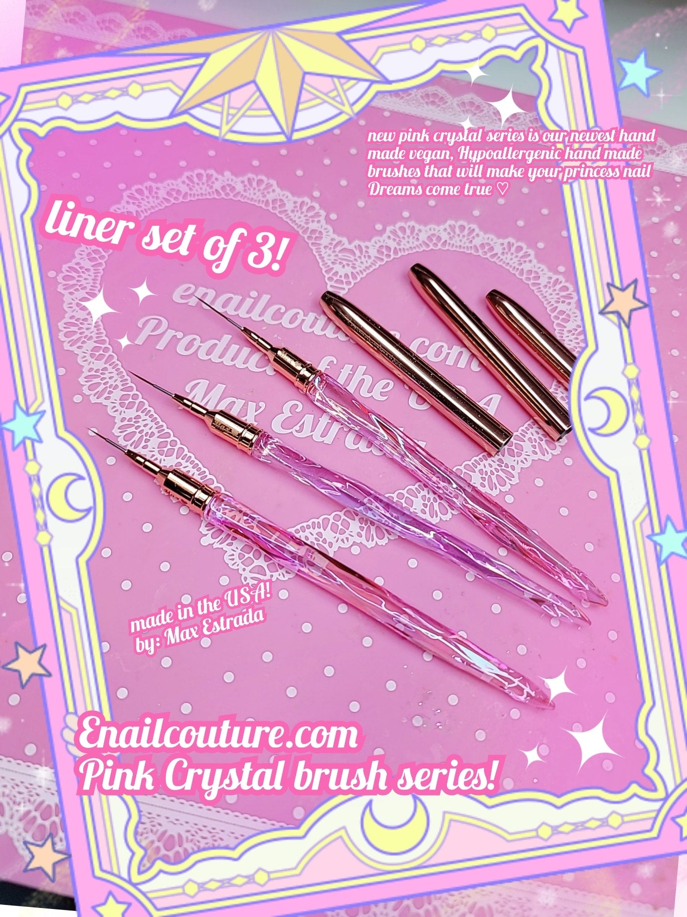 Pink Crystal Liner brush set (Nail Art Liner Brushes Set- 3pcs Nail Art Brushes Nail Striper Brush Nail Painting Gel Liner Brushes for Nails Art, Sizes 5/9/20mm)