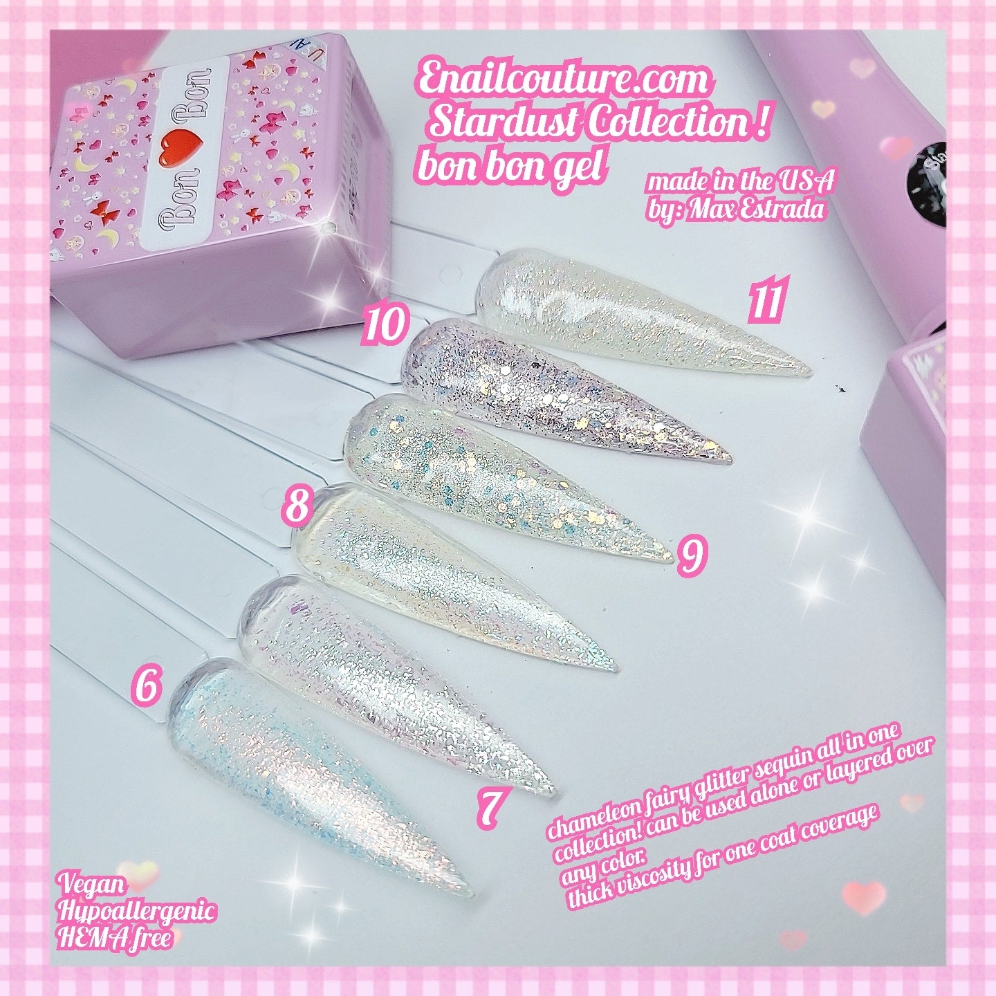 Stardust Bon Bon gel (Glitter Inspire Gel Nail Polish of 6 Colors Including Pink Nude Glitter Gel Polish Kit UV LED Soak Off Nail Polish Home DIY Manicure Nail Salon Varnish)